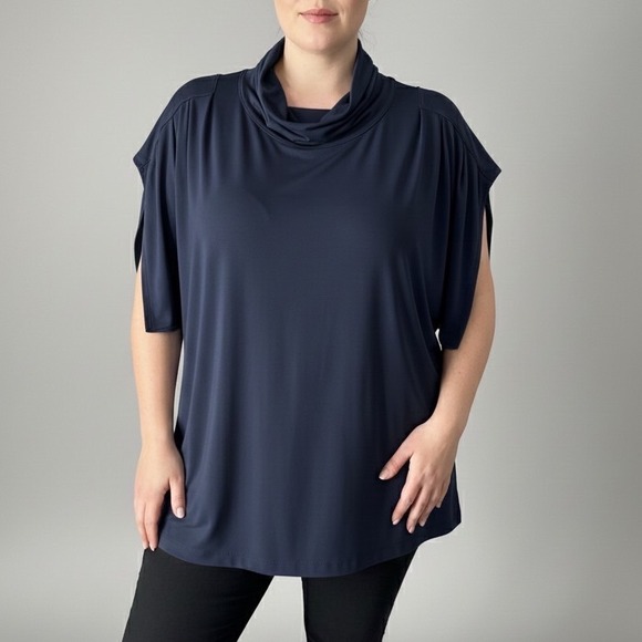 Tops - Dark Navy Blue high cowl Neck Dolman Sleeve Keyhole‎ Back Tunic Top Women's 3XL